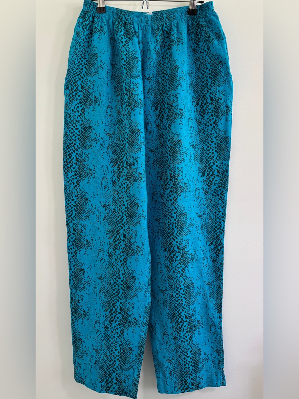 100% Linen Snake-Print Turquoise Elastic Waist Pants Size Medium SKU 4 - Picture 2 of 6